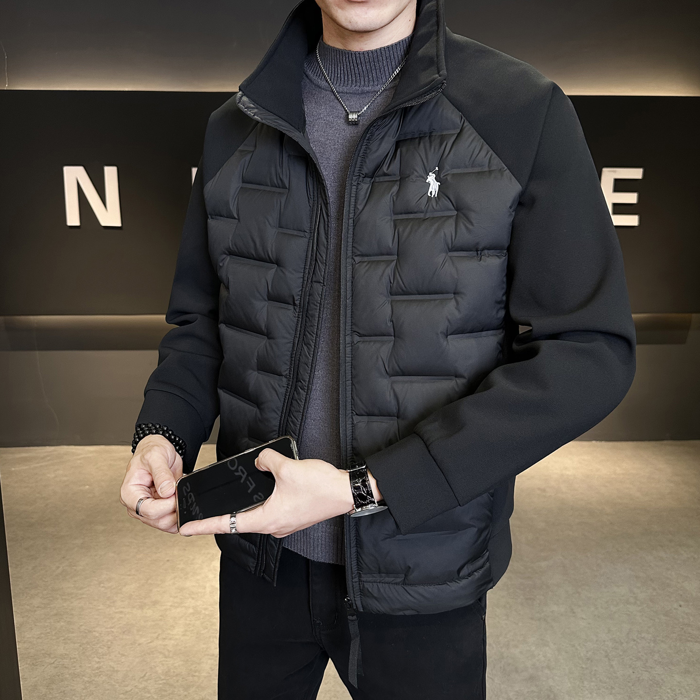 针织拼接加厚羽绒服男装短款冬季新款立领羽绒保暖外套Y9929-P155，男装羽绒服，电商A239