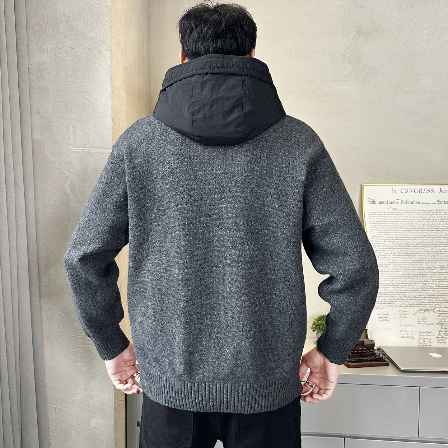 秋冬季可拆卸连帽针织毛衣男长袖套头纯色潮流青年上衣D7793-P115,男装针织衫/毛衣,电商A239