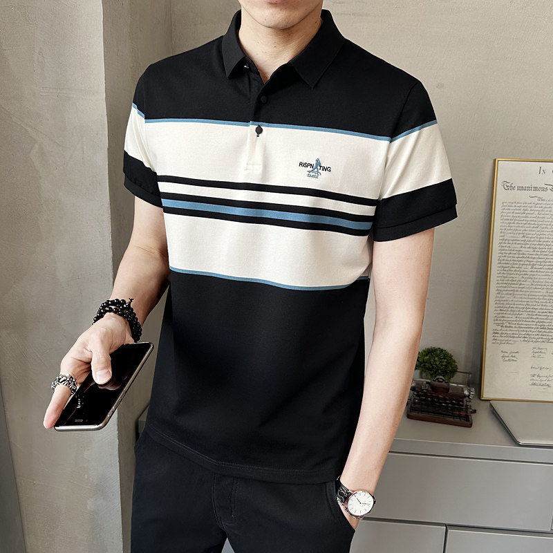 2025夏季新款男士短袖T恤翻领条纹透气绣标Polo衫男装PL68661-P65,男装Polo衫,电商A239