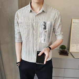 新款男士夏季中袖衬衫休闲拼接撞色衬衣潮流上衣男装C1706-P68图片