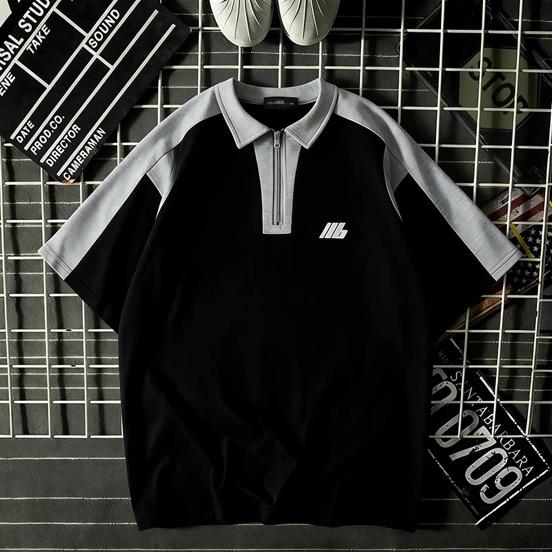 欧美重磅设计感拼色短袖POLO衫男夏季撞色拼接半拉链翻领潮流上衣