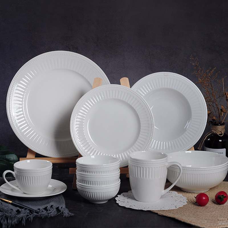 美国西餐具创意家用新骨瓷北欧纯白浮雕饭碗马克咖啡杯碟牛排盘子