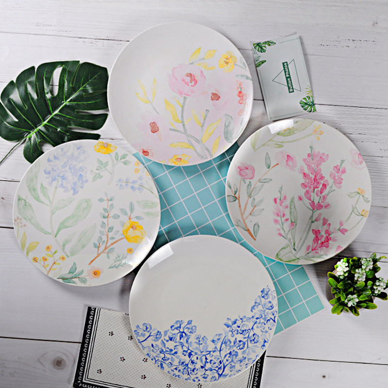 欧式釉中彩手绘小清新植物花卉外贸礼盒装圆形家用牛排盘甜点盘子