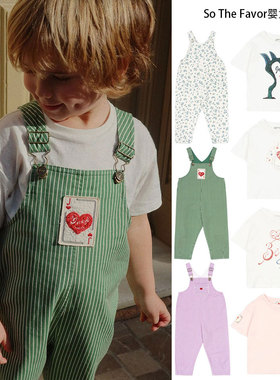 25夏季新款童装ks字母T恤短袖上衣扑克条纹背带裤吊带裤