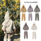 25新款 子可爱毛绒套装 秋冬MAT男女童装 儿童摇粒绒精灵帽外套裤