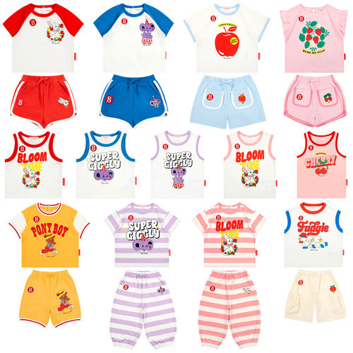 26夏季新品贝贝男女童卡通印花圆领短袖T恤短裤背心套装韩国童装
