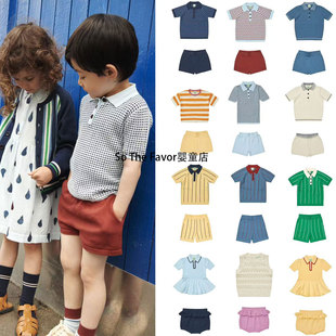 ins风SS25丹麦FUB春夏男女童装儿童条纹针织Polo短袖T恤短裤套装