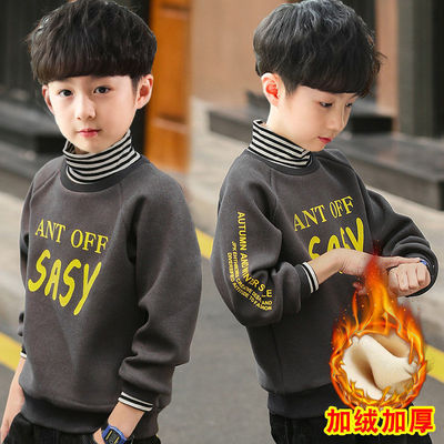 新款男童加绒一体绒加厚卫衣套头儿童中高领冬季保暖上衣帅气韩潮