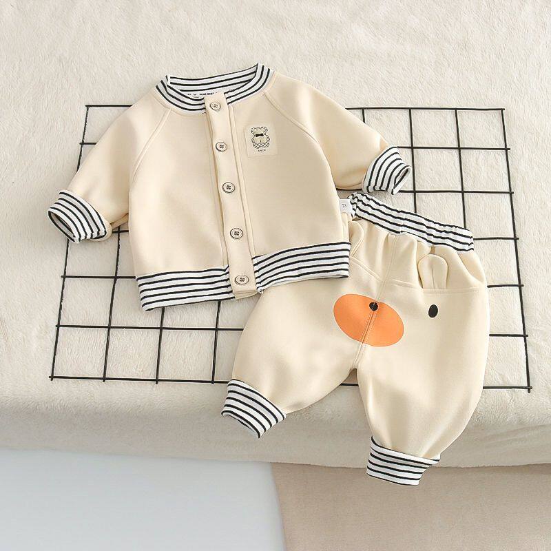 春秋冬男女宝宝套装加绒婴儿孩卡通条纹高腰大PP屁屁裤加厚两件套