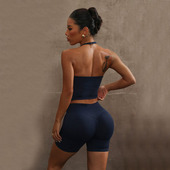 套装 紧身运动文胸短裤 挂脖露背吊带蜜桃臀短裤 欧美瑜伽健身套装