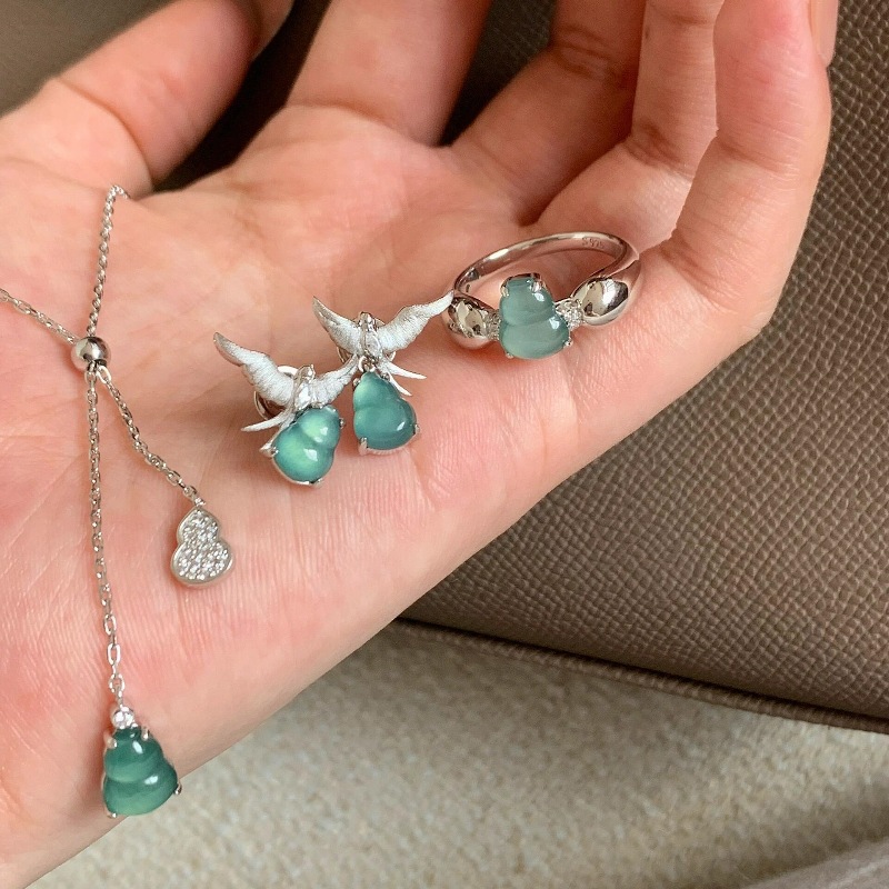 Vintage复古新中式满钻绿玉髓双生葫芦项链戒指手链耳钉气质套装