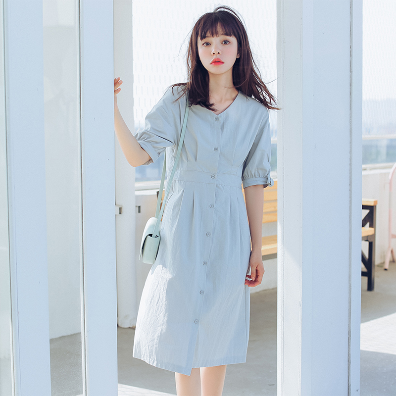 2018夏季修身显瘦短袖连衣中长裙女神款高腰显瘦清纯连衣裙ins潮