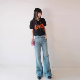 高腰窄版微喇叭牛仔裤女春秋季2024新款宽松垂感微弹直筒拖地裤子