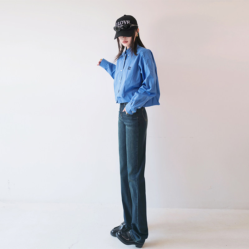 2024新款复古窄版烟管牛仔裤女春季新款弹力宽松高腰直筒拖地裤子