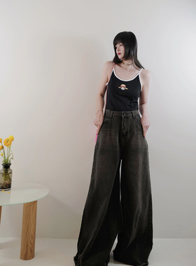 175高个子加长水洗复古亚文化2023春季做旧牛仔裤大阔腿裤女长裤