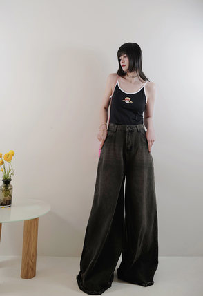 175高个子加长水洗复古亚文化2023春季做旧牛仔裤大阔腿裤女长裤