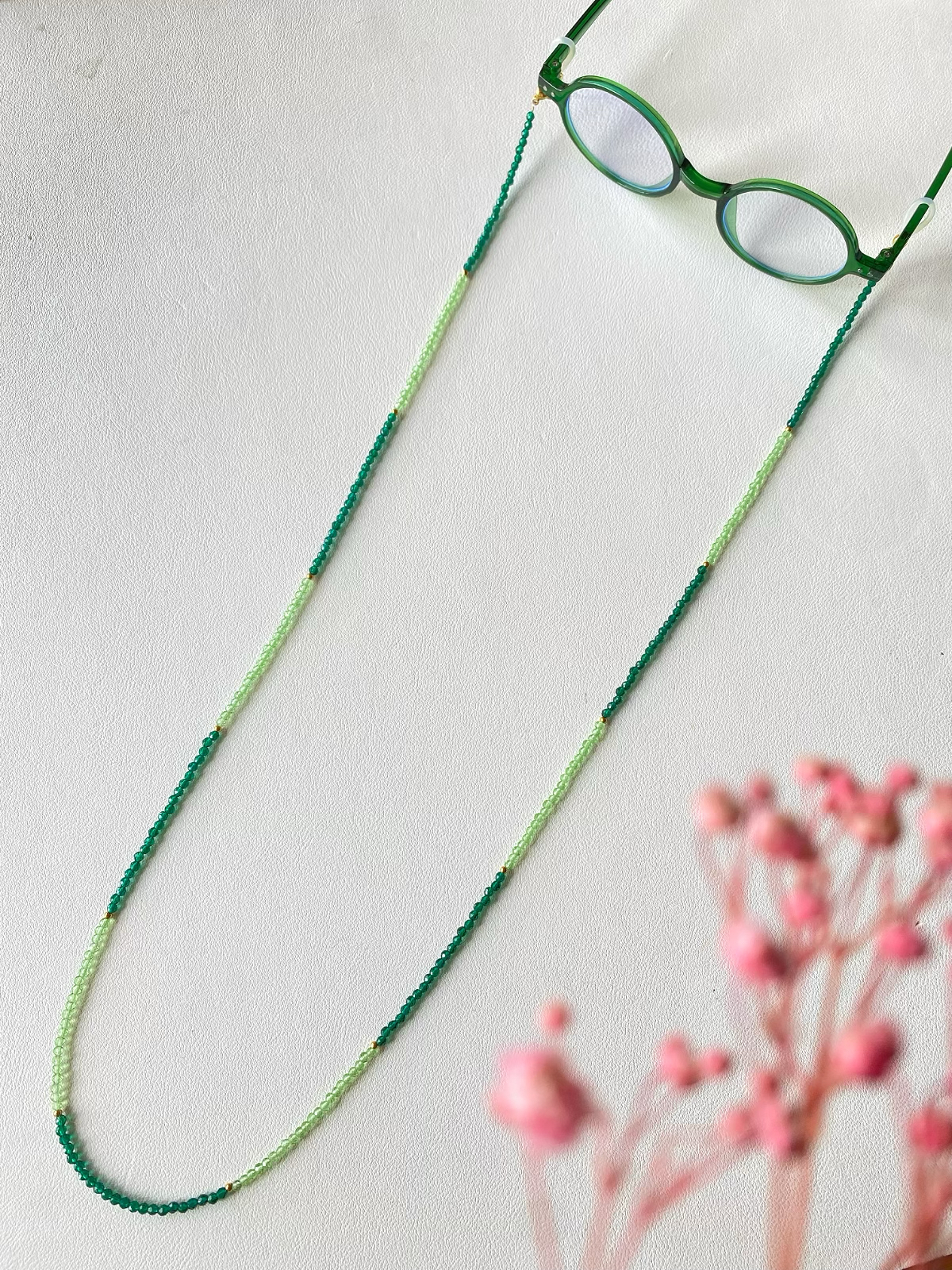 加长款撞色祖母绿人造水晶眼镜链耳机链老花镜近视镜百搭墨镜链女