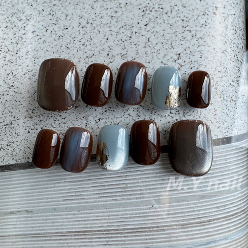 混搭棕色蓝色猫眼短款手工穿戴甲