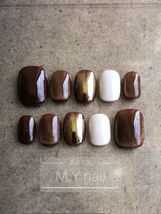 实拍棕色手工穿戴甲短款美拉德新款猫眼琥珀色显白气质高级感甲片