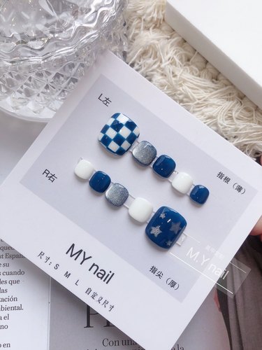 蓝色棋盘格脚款穿戴甲MY美甲定制