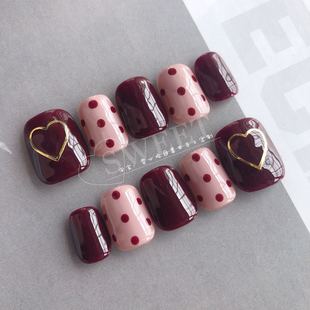 美甲 拆卸甲成品甲片想摘就摘 酒红色波点美甲贴手工定制 可穿戴