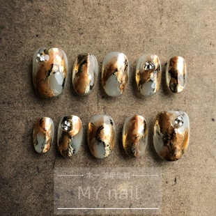 【M.Y nail 】纯手工穿戴甲重工金箔晕染鎏金棕色系成品美甲贴片