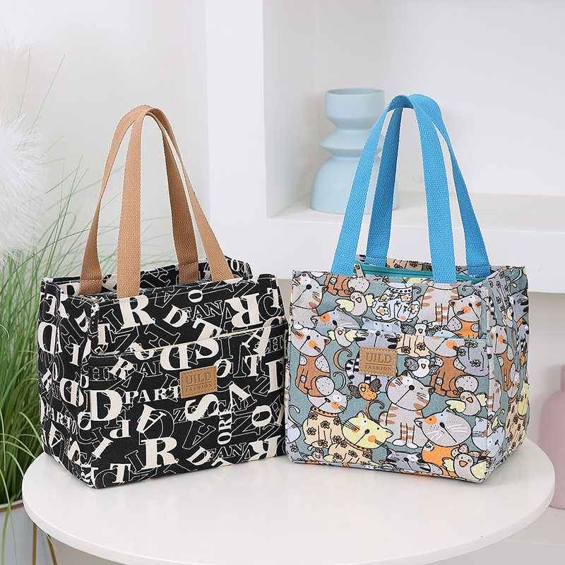 2025新款时尚女士手提印花帆布包加厚大容量铝箔便当保温手提袋