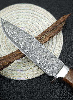 手工大马士革折叠锻打厨房刀具家用多功能木柄直刀防身开刃分割刀