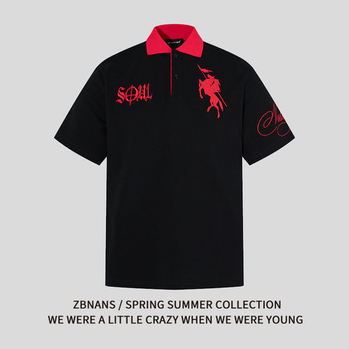 美式复古骑士刺绣撞色领polo衫男女情侣夏季宽松休闲翻领短袖T恤