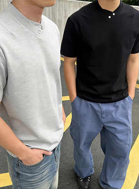 ARES男装 夏季极简罗马棉320克重磅亨利领宝石纽扣设计短袖t恤男
