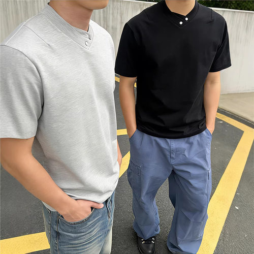 ARES男装 夏季极简罗马棉320克重磅亨利领宝石纽扣设计短袖t恤男