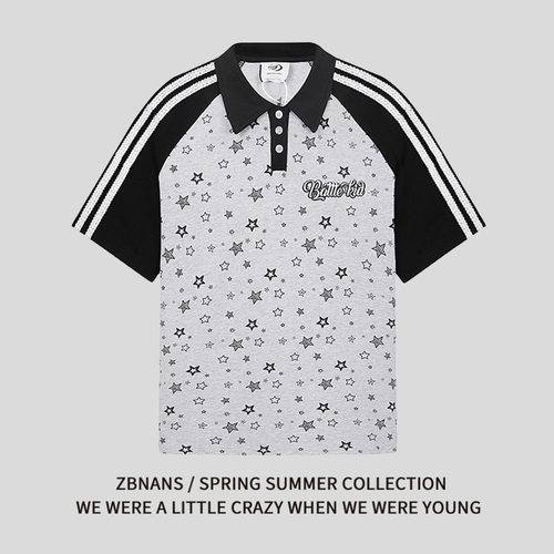 美式学院风拼接撞色五角星拼接三条杠短袖T恤夏季宽松翻领POLO衫