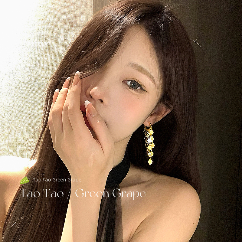 金色流苏耳环气质高级感方圆脸
