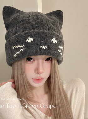 可爱灰色猫耳朵针织毛线帽女秋冬季大头围显脸小2026新款小猫帽子