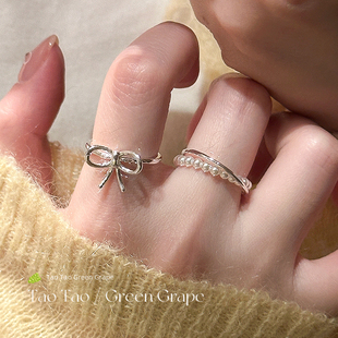 蝴蝶结珍珠串珠戒指女韩系ins小众设计食指戒轻奢高级感叠戴指环