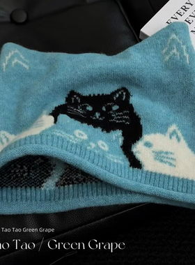 可爱蓝色小猫提花针织毛线帽女秋冬大头围显脸小包头帽猫耳朵帽子