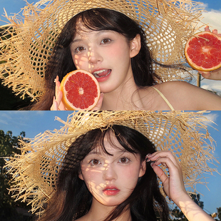 海邊度假風(fēng)鏤空拉菲草帽女夏防曬大帽檐顯臉小漁夫帽沙灘遮陽帽子