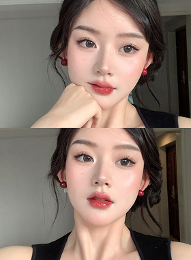 酒红色豆豆珍珠耳钉女复古高级感红色2025新年耳环养耳洞免摘耳饰