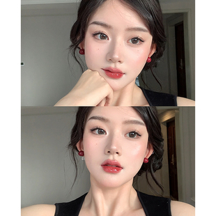 酒红色豆豆珍珠耳钉女复古高级感红色2025新年耳环养耳洞免摘耳饰