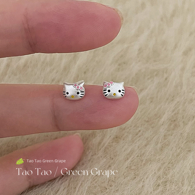 通体999纯银可爱KT猫耳钉防过敏