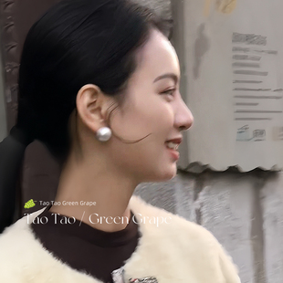 施家馒头扁圆大珍珠耳钉女925银针轻奢气质耳环2024新款小众耳饰