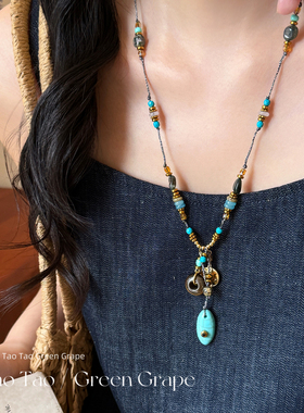 新中式复古绿松石编绳项链女民族风长款毛衣链时尚轻奢小众配饰品