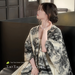 新中式 外搭高级感保暖斗篷披风 民族风水墨画大披肩女秋冬2025新款