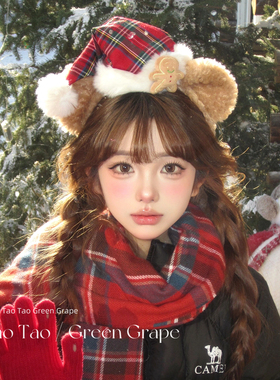 可爱小熊耳朵圣诞帽子毛绒发箍女游乐园达菲熊拍照发饰秋冬头箍