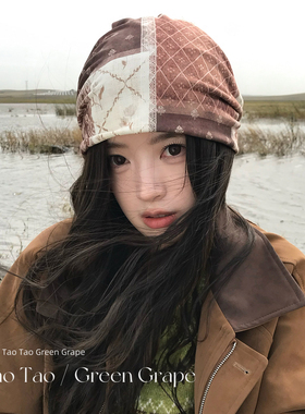 咖色复古扎染提花堆堆帽女2026新款秋冬季显脸小薄款冷帽头巾帽子