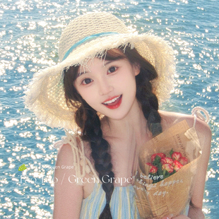 蝴蝶結(jié)編織鏤空草帽女夏海邊大帽檐田園風(fēng)遮陽(yáng)帽大頭圍沙灘太陽(yáng)帽