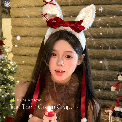 圣诞可爱红色蝴蝶结兔耳朵毛绒发箍女2025新款新年拍照发饰头箍