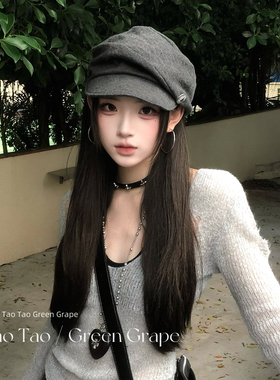 韩系复古灰色褶皱贝雷帽女2026新款秋冬显脸小马术帽文艺画家帽子