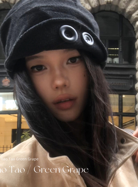 韩系黑色纽扣针织马术帽女2026新款秋冬适合方圆脸冷帽包头帽子