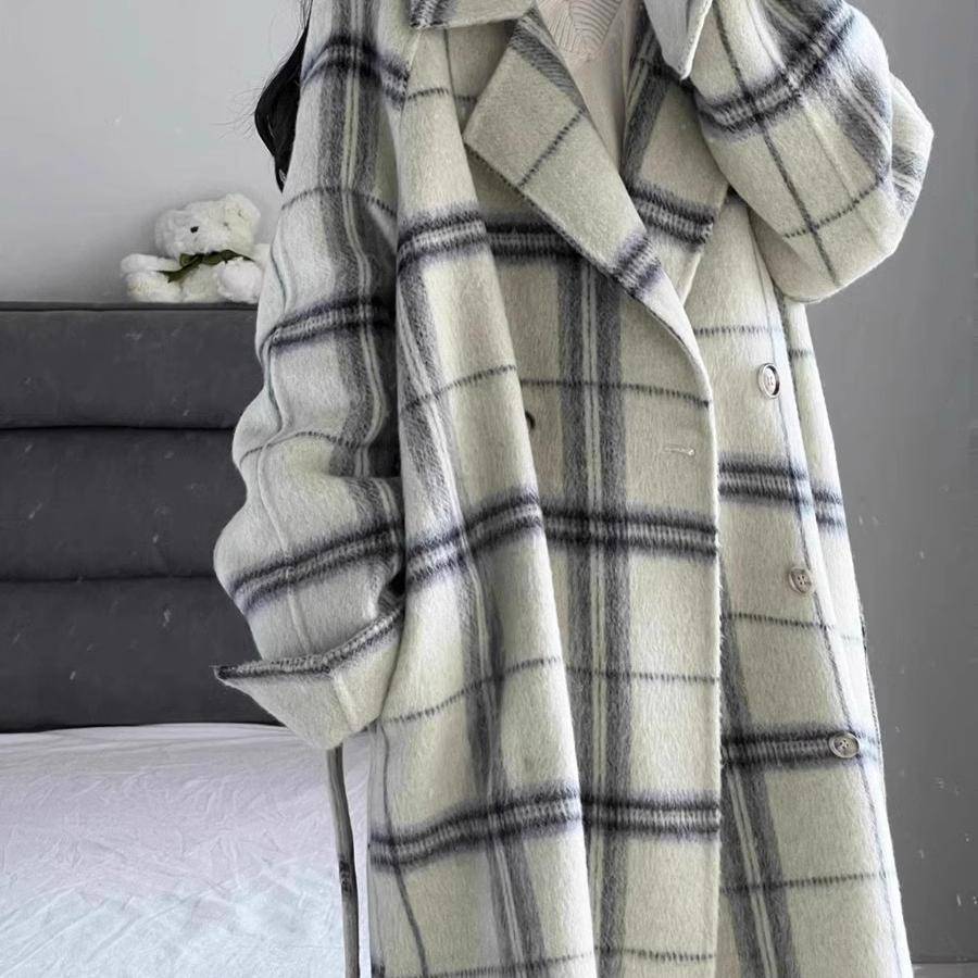 高级感格子毛呢大衣女中长版2025新款韩系秋冬小个子宽松呢子外套